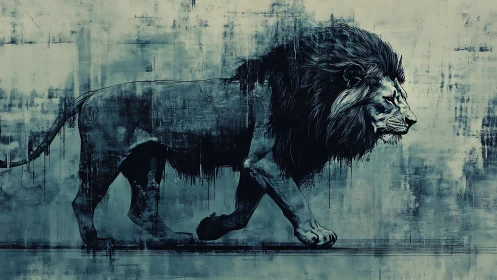 Ink-soaked lion strides through a storm of ghosted grids
