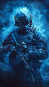 Tactical special forces soldier in blue smoke portrait.