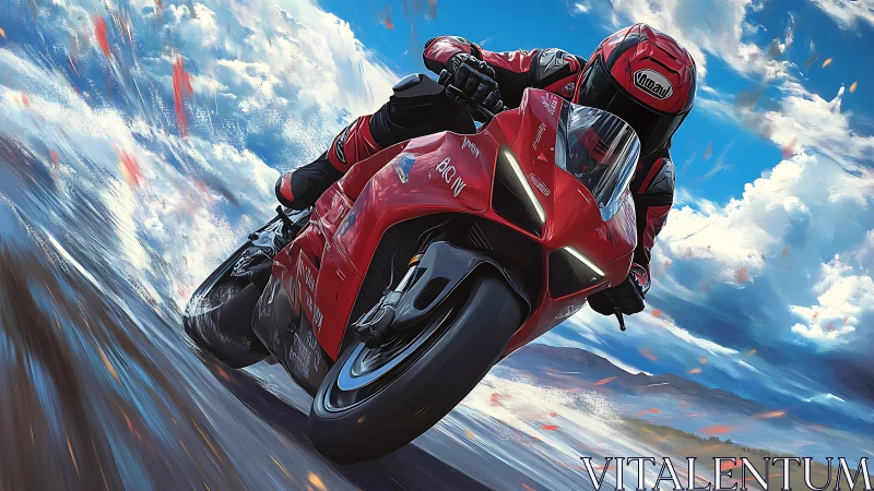 Red superbike charges through dynamic sky track at speed.
