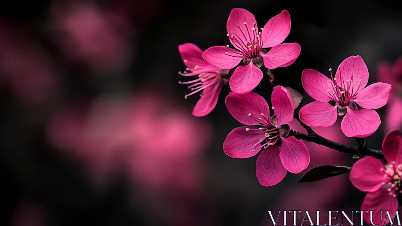 Vivid Magenta Cherry Blossoms Against Dark Bokeh Background.
