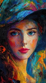 Vivid oil portrait of woman with hat and intense gaze.
