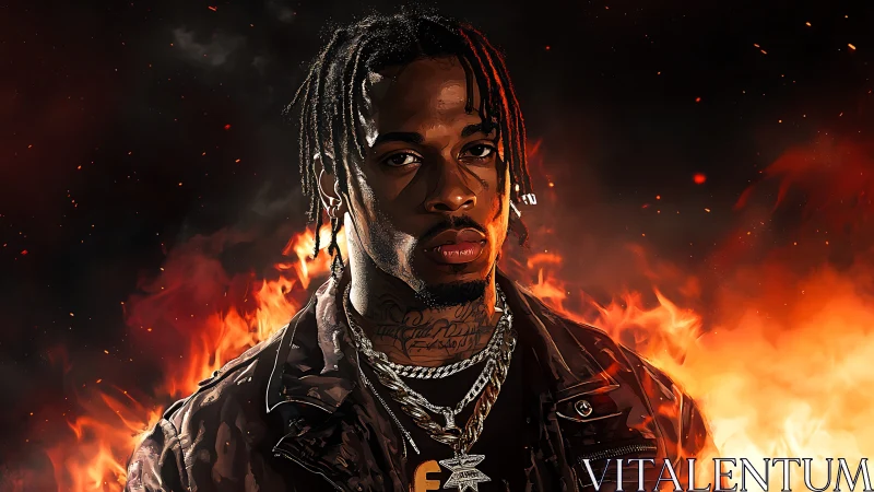 Digital portrait of braided man in chains against flaming backdrop