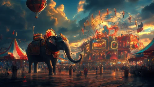 Golden hour carnival with a regal elephant and ferris glow.