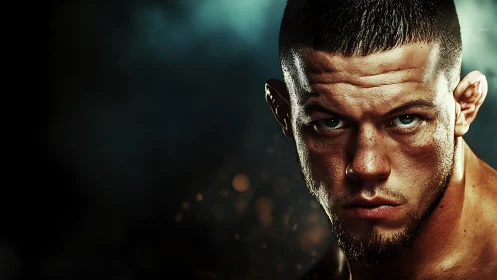 Close-cropped portrait shows male fighter under dramatic light