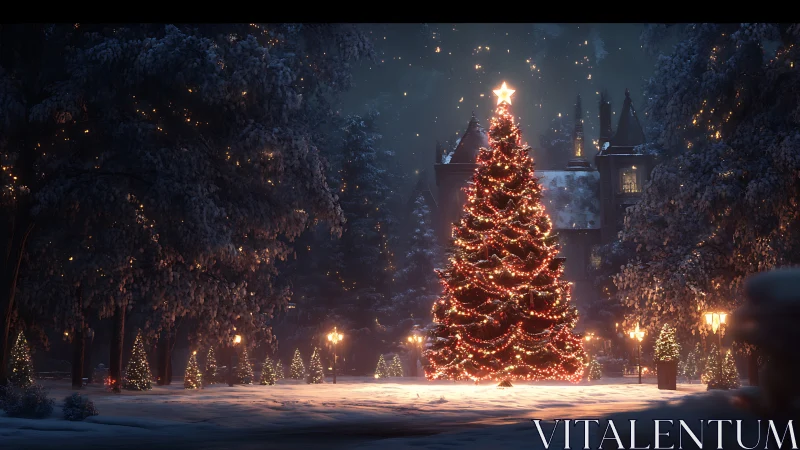 Central illuminated outdoor tree stands in a snowy courtyard