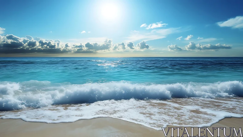 Midday coastal seascape with breaking shore waves and sun