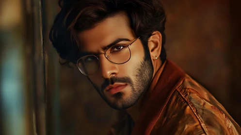 Pensive man with glasses gazes forward under warm studio light