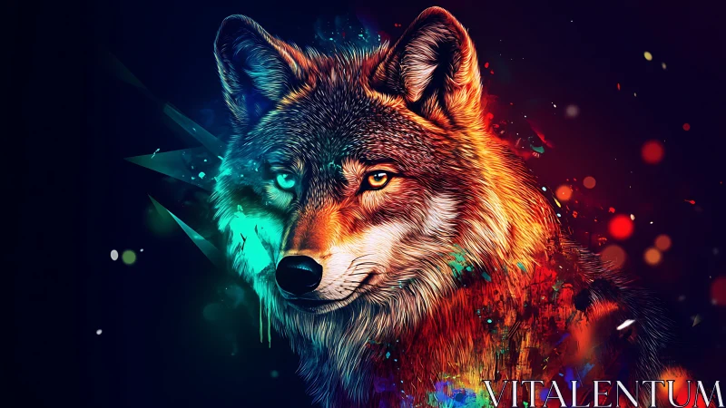 Digitally rendered wolf portrait with neon chromatic palette.