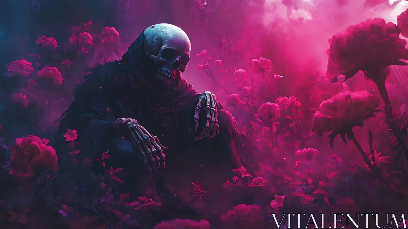 Skeletal robed figure seated in dense pink flower field.
