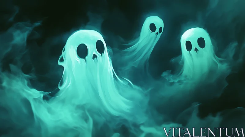 Three stylized ghost figures in teal vaporous environment.