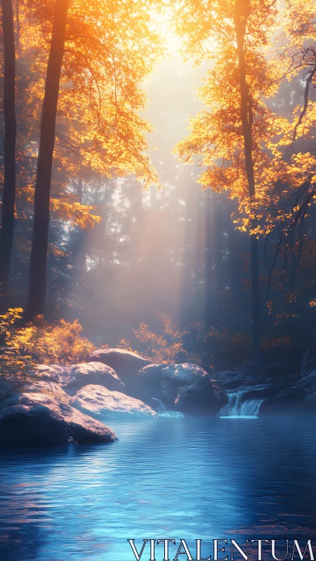 Sunlit autumn gorge with luminous blue forest river.
