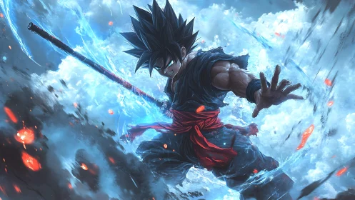 Anime warrior in blue energy storm with glowing staff.