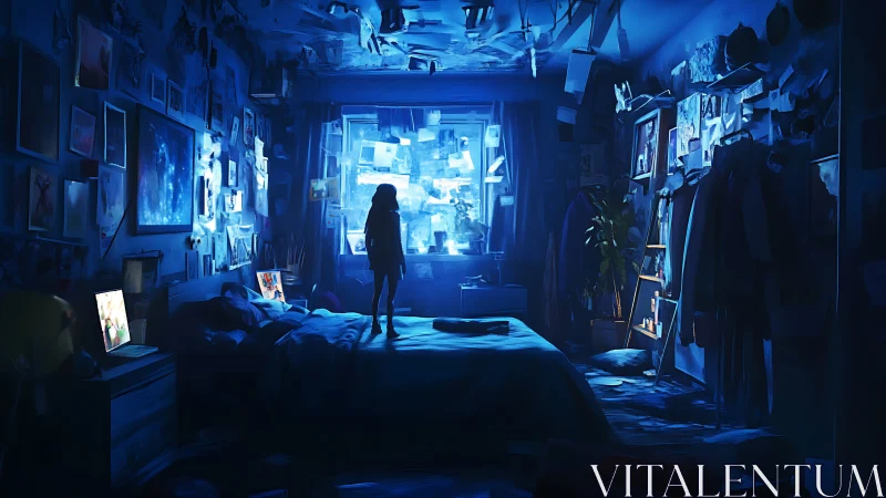 Silhouetted child stands on bed in blue lit cluttered room