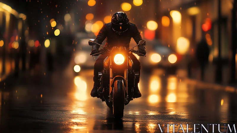 Motorcyclist rides through wet city street at night.