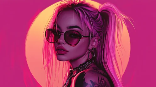 Neon pink stylized portrait with high contrast rim lighting and bokeh sun