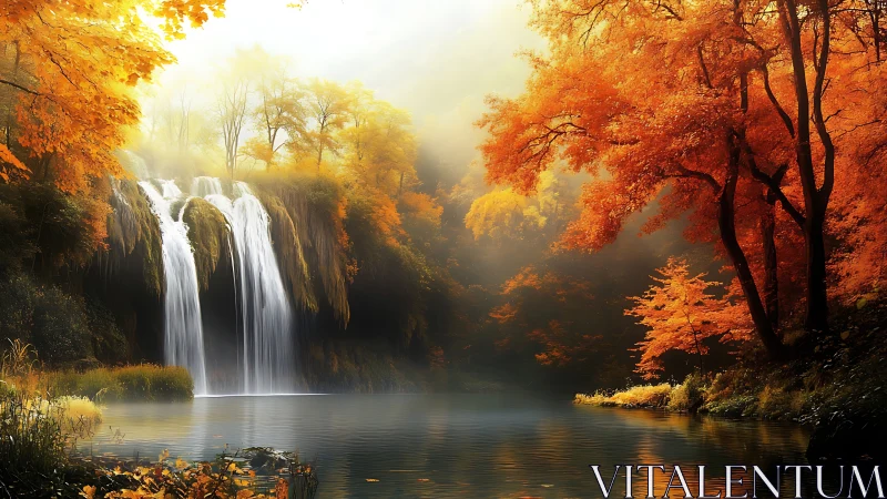 Autumn cascade descending into tranquil misted forest pool.