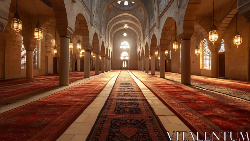 Sunlit prayer hall drifting in carpets and lantern glow.
