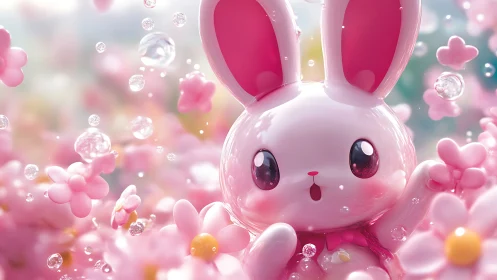 Blossom-bright bunny buddy in a dreamy pink bubble garden.