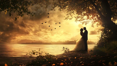 Couple in Evening Light by Lake with Birds.