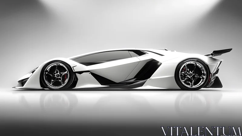 Side profile view of futuristic white low-slung sports car.