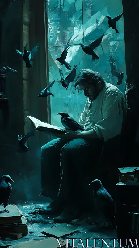 Solitary reader surrounded by crows in dim blue room.