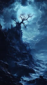 Moonlit coastal cliff with barren trees and distant ruins.