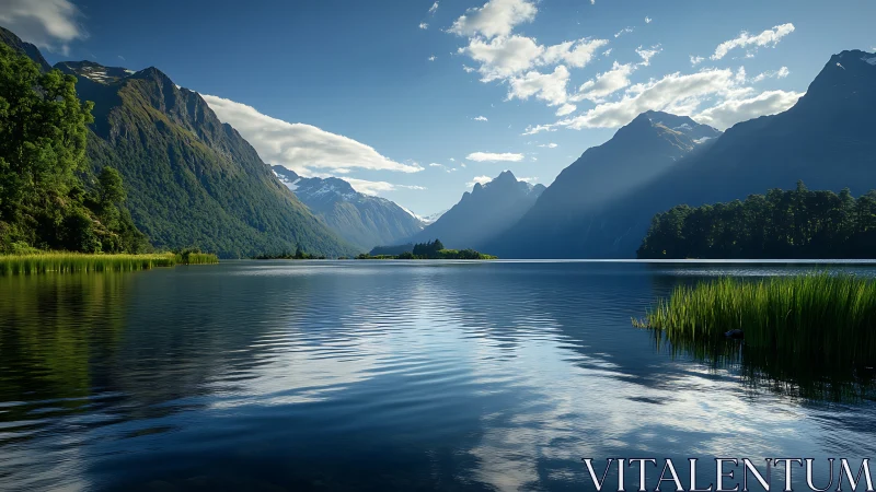 Mountain lake landscape with calm water and clear sky.