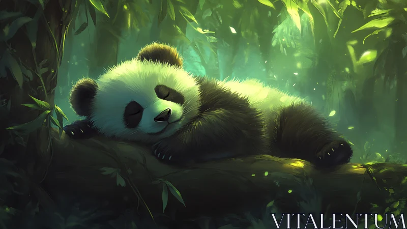 Sleeping panda cub on mossy log in glowing forest light.
