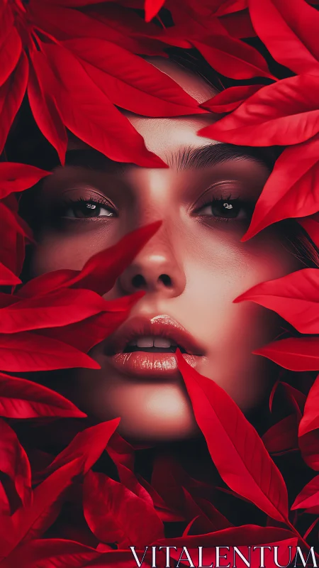 Female face emerges through vivid red foliage in close view