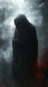 Hooded wraith with burning eyes emerges from a cursed fog