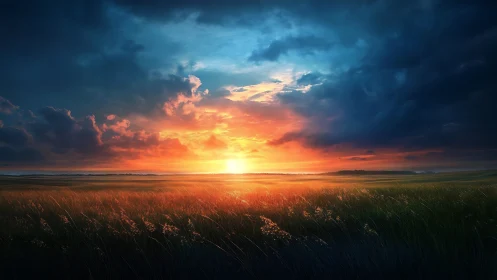 Spectral-gradient prairie horizon under volumetric storm clouds.