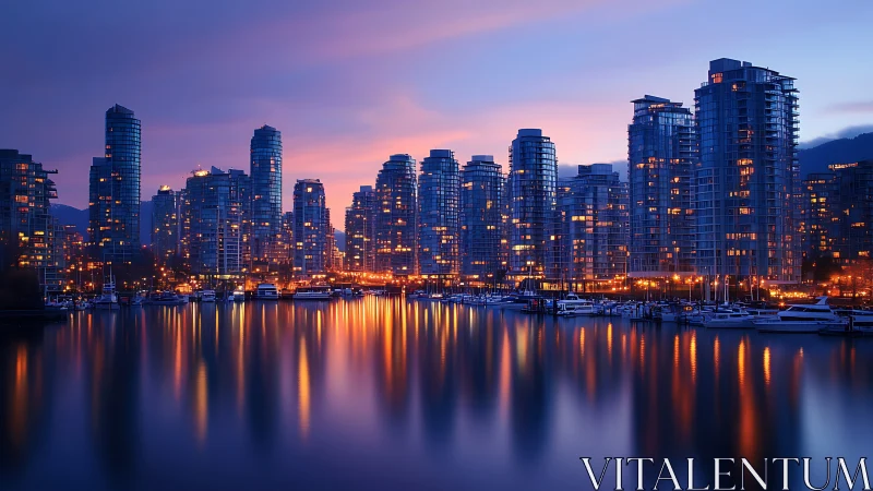 Harborfront city skyline glows over glassy twilight water.