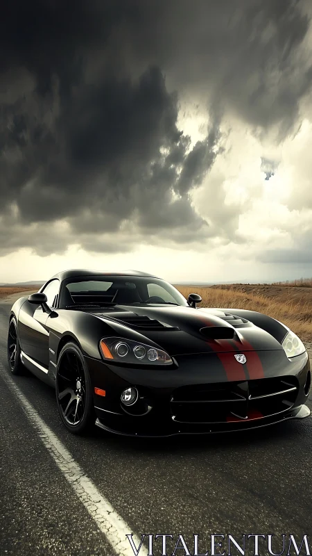 Black sports car with red stripe parked on rural highway