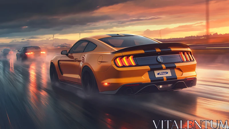 Yellow sports car accelerates on wet highway at sunset