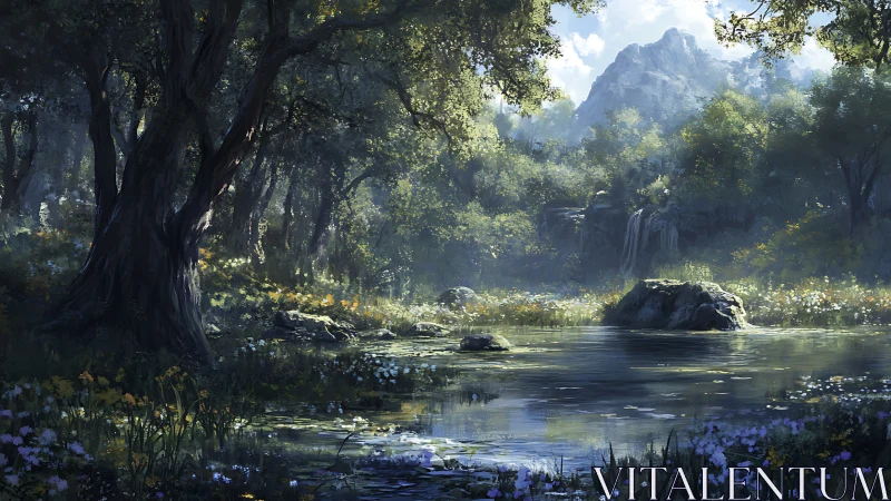 Landscape rendering depicts forest valley with river and mountain backdrop.