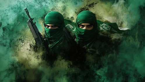 Masked fighters emerge from dense green smoke with rifles ready