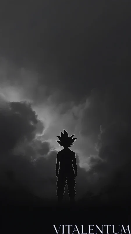 Anime silhouette study against high-contrast storm sky backdrop.