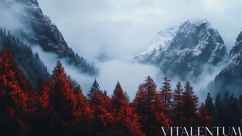 Crimson forest below whispering blue glaciers in fogged silence.