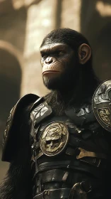 Photorealistic armored chimpanzee commander in warm rim light