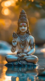 Shiva statue seated in meditation over reflective water.
