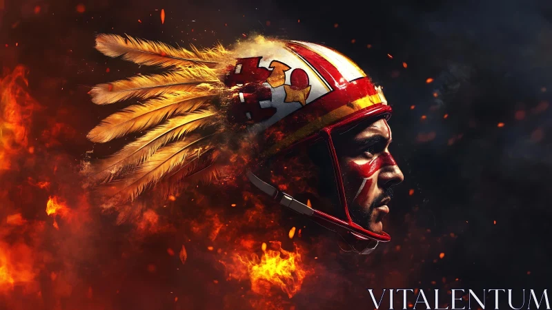 Digital painting of flaming warrior helmet with feathered crest.