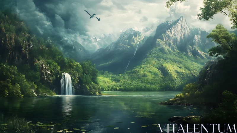 Mountain lake landscape shows waterfall under storm clouds