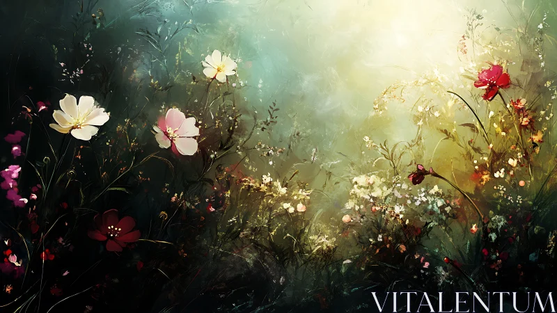 Luminescent Garden Composition with Layered Floral Elements and Atmospheric Light Diffusion