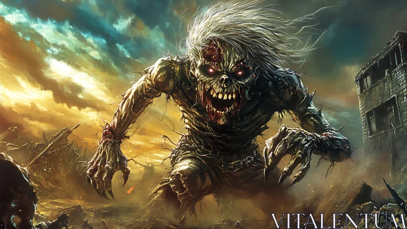 Mutated skeletal ghoul charging through apocalyptic ruins at dusk