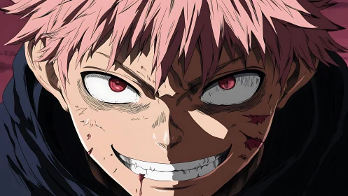 Intense pink haired anime fighter with sinister grin.
