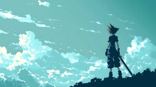 Silhouetted anime swordsman stands on hill under wide sky