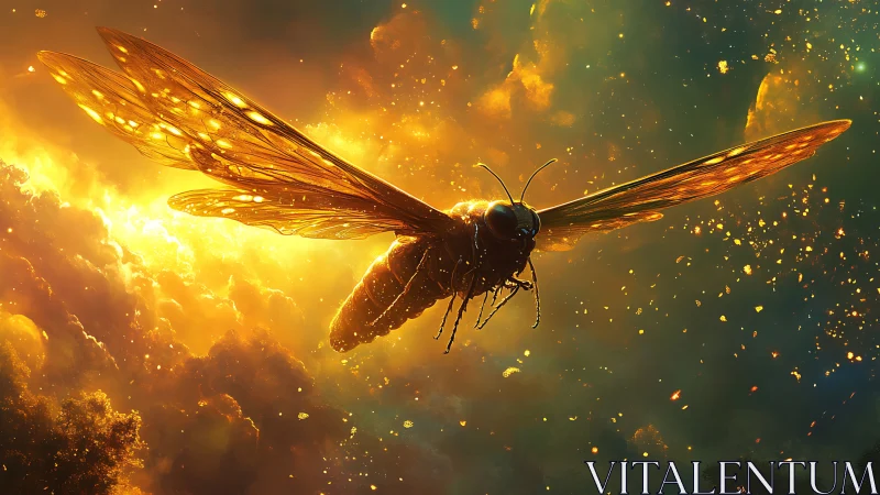 Luminous insect ascension in celestial golden atmosphere.