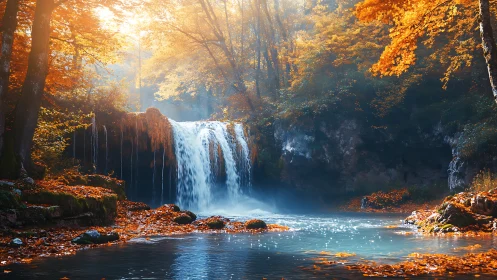 Golden forest waterfall hiding a quiet story of autumn light.