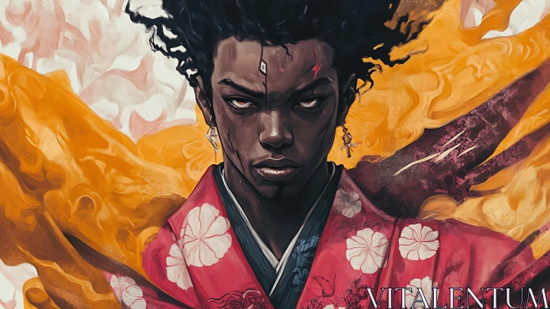 Digital portrait depicts focused figure in patterned garment