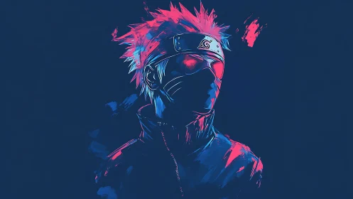 Neon masked shinobi drifts in electric midnight silence.